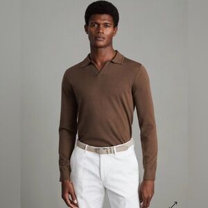 Reiss Maxwell 100% Merino Wool Long Sleeve Open Collar Polo Shirt XL Brown